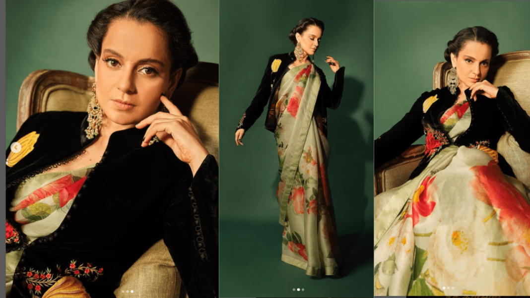 Experience Kangana Ranaut's Majestic Transformation as She Dons Floral Organza Saree and Chic Black Velvet Jacket. Check Out the Pictures for Inspiration