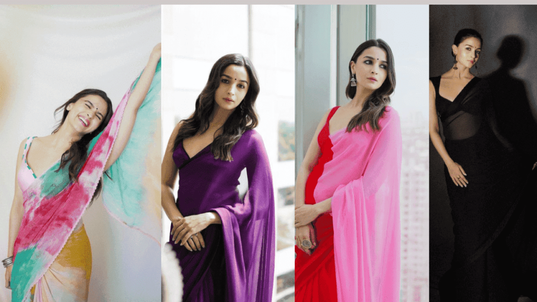 Alia Bhatt gracefully adorns Manish Malhotra sarees, captivating admirers with her affection for modern drapery.